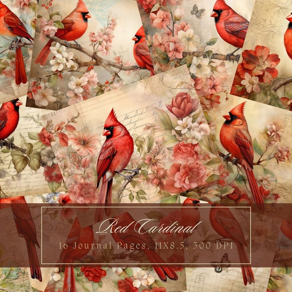 Red Cardinal Birds and Flowers Junk Journal Kit Vintage Ephemera Journal Birds Digital Paper for Scrapbooking Printable Collage Sheets