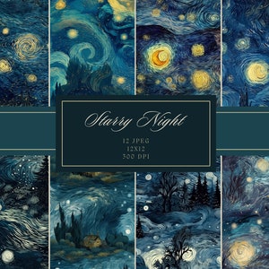 Conjunto de papel digital Van Gogh Starry Night Padrões perfeitos Impressões digitais impressionistas para scrapbooking Download instantâneo para uso comercial
