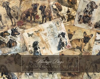 Vintage Dogs Junk Journal Kit Grunge Pages Dog Digital Paper for Scrapbooking Printable Shabby Page Puppy Mixed Media Victorian Paper