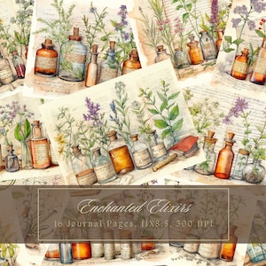 Kit de carnet de notes Potions, bouteilles d'apothicaire, pages, herbes, aquarelle, papier numérique pour scrapbooking, arrière-plans botaniques, feuilles de collage