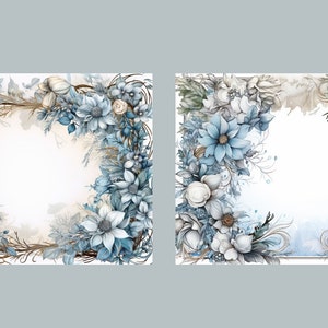 May include: Two watercolor illustrations of floral wreaths with blue and white flowers. The wreaths are arranged in a square shape with a white background.