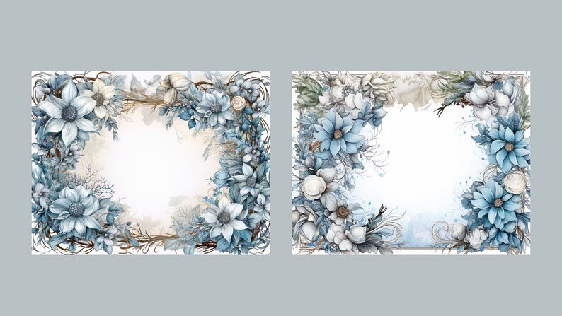 May include: Two watercolor illustrations of floral wreaths with blue and white flowers. The wreaths are arranged in a square shape with a white background.