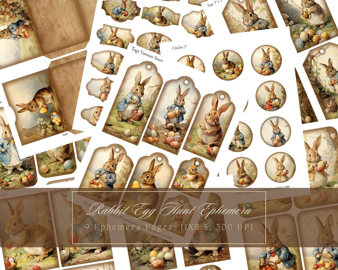 Easter Bunnies Ephemera Junk Journal Addon Kit Tags Easter Egg Hunt ...