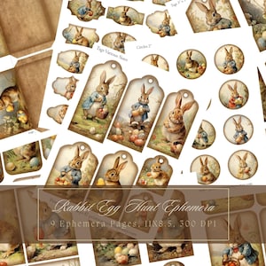 Conejitos de Pascua Ephemera Junk Journal Addon Kit Etiquetas Caza de huevos de Pascua Vintage Bunny Scrapbooking Conejo Sobres Etiquetas imprimibles retro
