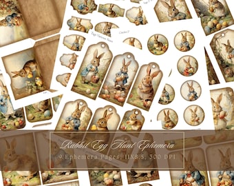 Lapins de Pâques Ephemera Junk Journal Addon Kit Tags Chasse aux œufs de Pâques vintage Bunny Scrapbooking Rabbit Enveloppes Rétro Tags imprimables