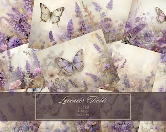 Zestaw dziennika Lavender and Butterflies Junk Journal Vintage Ephemera Journal Cyfrowy papier do scrapbookingu Wydrukowane arkusze kolaży Natychmiastowe pobieranie
