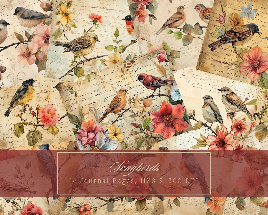 Watercolor Birds and Flowers Junk Journal Kit Vintage Ephemera Journal ...