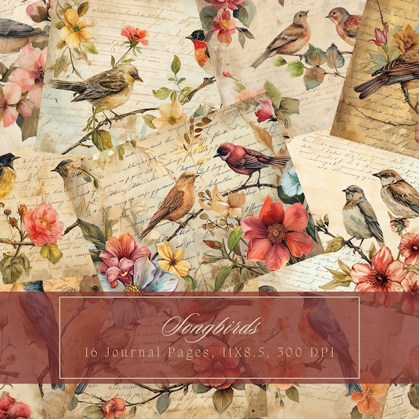 Watercolor Birds and Flowers Junk Journal Kit Vintage Ephemera Journal Digital Paper Scrapbooking Printable Collage Sheets Commercial Use