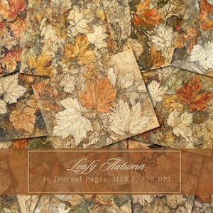 May include: A collection of journal pages with a vintage autumn theme. The pages feature detailed illustrations of fall leaves in shades of orange, yellow, and brown. The text "Leafy Autumn" is displayed on the bottom of the image. The pages measure 11x8.5 inches.