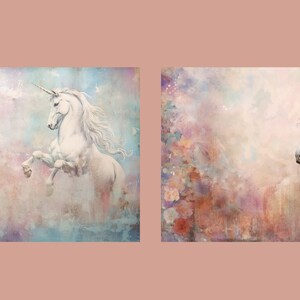 May include: Two digital paintings of white unicorns with gold horns against a colorful, abstract background. The unicorn on the left is rearing up, while the unicorn on the right is looking to the side.