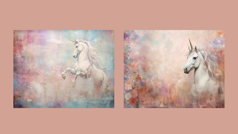 May include: Two digital paintings of white unicorns with gold horns against a colorful, abstract background. The unicorn on the left is rearing up, while the unicorn on the right is looking to the side.