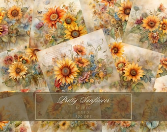 Sunflower Junk Journal Kit Vintage Ephemera Journal Sunflowers Digital Paper for Scrapbooking Floral Printable Shabby Pages Instant Download