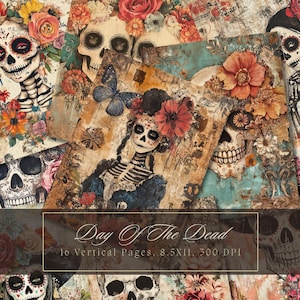 Dia De Los Muertos Junk Journal Kit Halloween Printable Pages Skull Digital Paper Scrapbooking Spooky Floral Ephemera Festive Collage Sheets