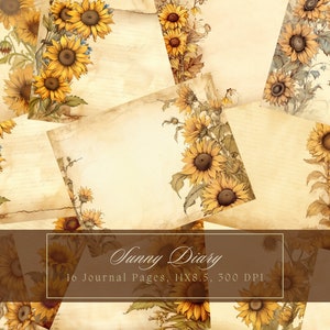 Sunflower Junk Journal Kit Vintage Ephemera Sunflowers Digital Paper for Scrapbooking Floral Printable Shabby Lined Pages Instant Download