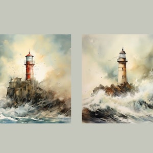 May include: Two watercolor paintings of lighthouses on rocky shores with crashing waves. The first lighthouse is red and white, the second is white with a black roof.