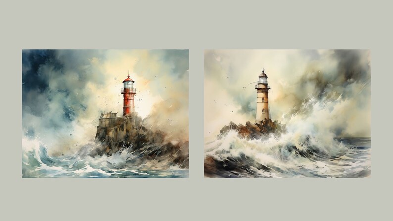 May include: Two watercolor paintings of lighthouses on rocky shores with crashing waves. The first lighthouse is red and white, the second is white with a black roof.