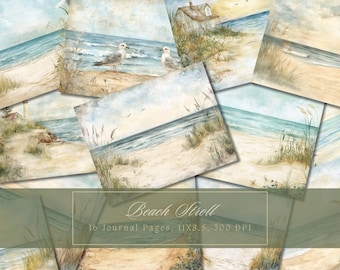 Watercolor Beach Junk Journal Kit Seascape Background Coastal Digital Paper for Scrapbooking Sea and Sand Ephemera Summer Collage Printable