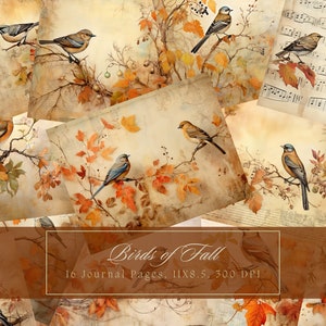 Herfst vogels ongewenste dagboek Kit droge bladeren Vintage Ephemera Journal digitaal papier herfst scrapbooking afdrukbare shabby pagina's grunge shabby chic