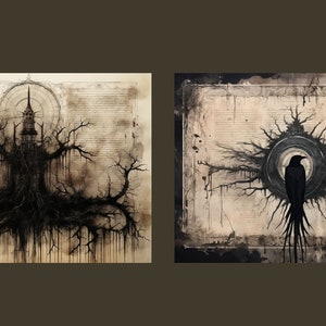 May include: Two black and white ink drawings on a parchment background. The first drawing depicts a tall, dark tower growing from a tree with roots that spread across the page. The second drawing shows a crow perched on a branch with a circular design behind it.