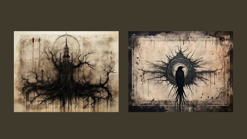 May include: Two black and white ink drawings on a parchment background. The first drawing depicts a tall, dark tower growing from a tree with roots that spread across the page. The second drawing shows a crow perched on a branch with a circular design behind it.