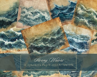 Aquarel Oceaan Junk Journal Kit Blue Waves Journal Pagina's Stormy Water Digitaal Papier Scrapbooking Sea Storm Journal Paper Printable