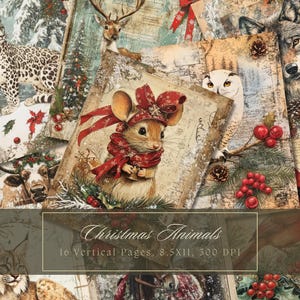 Kit de carnet de Noël animaux indésirables, hiver victorien, techniques mixtes, feuilles de collage, neige, papier numérique vintage, scrapbooking, pages boisées minables