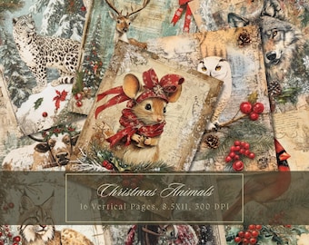 May include: A collage of vintage-style illustrations featuring various animals in a winter setting. Includes a leopard, deer, wolf, owl, and a mouse wearing a red scarf and hat. The text "Christmas Animals" is displayed with details about the pages.
