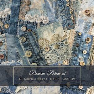 Denim Junk Journal Kit Textil Mix Collage Sheets Patchwork Digitales Papier für Scrapbooking Spitze Vintage Ephemera Shabby Chic Printable Seiten