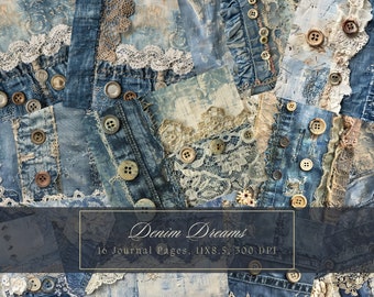 Denim Junk Journal Kit Textile Mix Collage Sheets Patchwork Digital Paper for Scrapbooking Lace Vintage Ephemera Shabby Chic Printable Pages