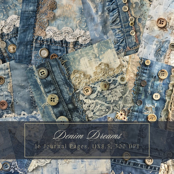 Denim Junk Journal Kit Textile Mix Collage Sheets Patchwork Digital Paper for Scrapbooking Lace Vintage Ephemera Shabby Chic Printable Pages