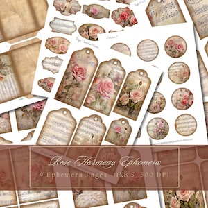 Roze rozen en muziek Ephemera Junk Journal Addon Kit Tags Notities Afdrukbare kaarten Etiketten Muzikaal thema Scrapbooking Enveloppen Instant Download