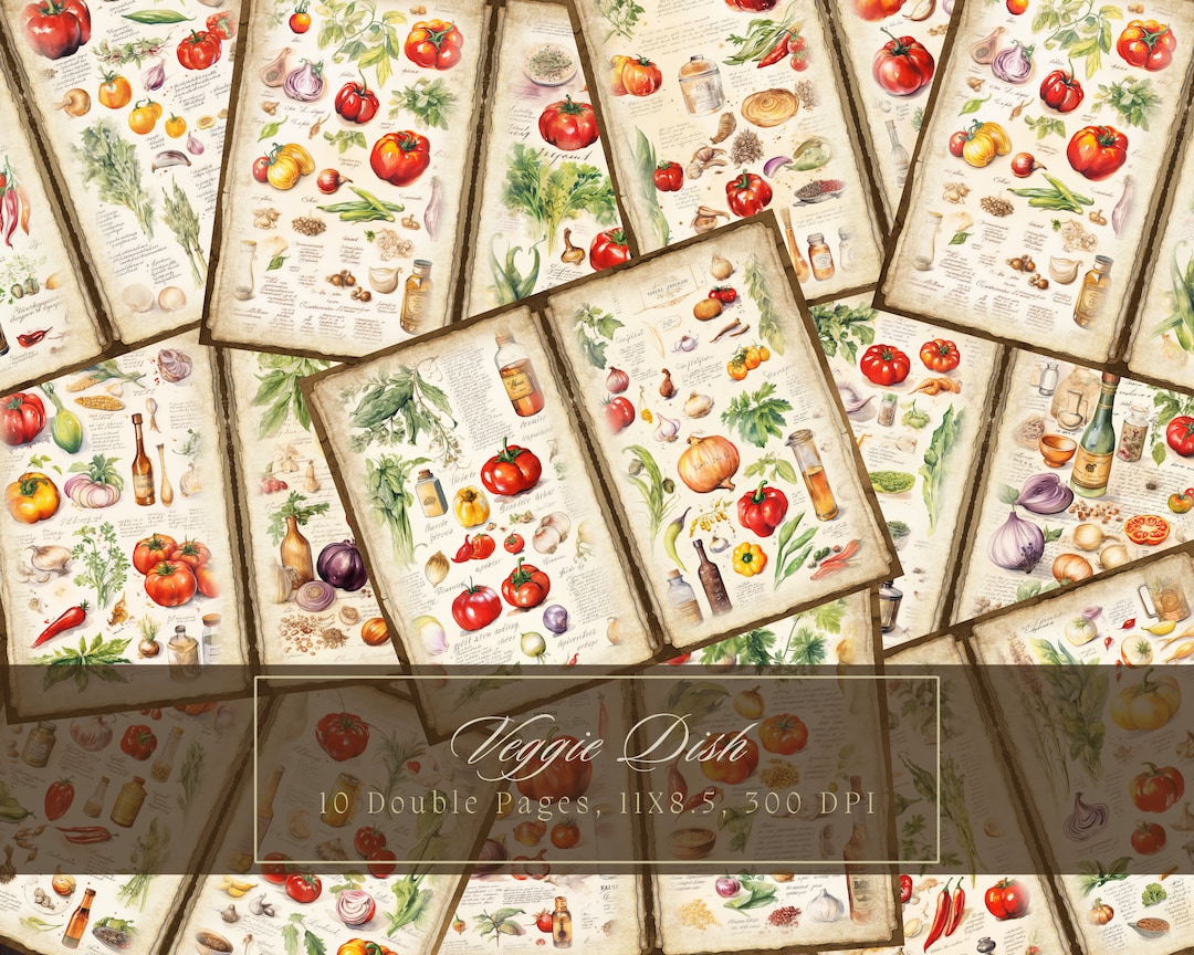 Vintage Cookbook Junk Journal Kit Watercolor Food Double Pages Cooking ...