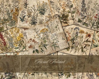 May include: A collection of vintage-style journal pages with botanical illustrations. The pages feature various floral designs in shades of green, yellow, and red, with handwritten script. The text "Floral Foliant" and "16 Journal Pages, 11X8.5, 300 DPI" are visible.