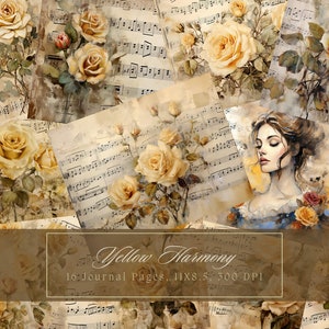 Kit de diario basura de rosas amarillas y música Floral Vintage Ephemera Journal Papel digital para Scrapbooking Imprimible Shabby Pages Shabby Chic