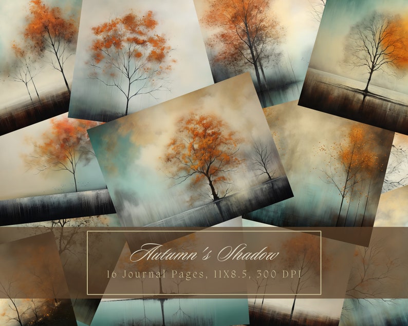 K&ouml;nnte beinhalten: Eine Collage aus 10 digitalen Journalseiten mit Aquarell-Illustrationen von B&auml;umen mit orangefarbenen und braunen Bl&auml;ttern in einer nebeligen Waldlandschaft. Der Text "Autumn's Shadow" und "10 Journal Pages, 11x8.5, 300 DPI" ist am unteren Rand der Collage zu sehen.