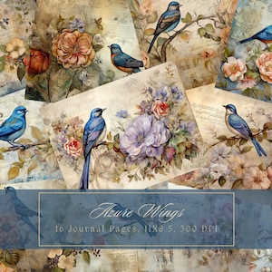 Pájaros azules y flores Junk Journal Kit Vintage Ephemera Journal Papel digital para Scrapbooking Collage imprimible Hojas Uso comercial