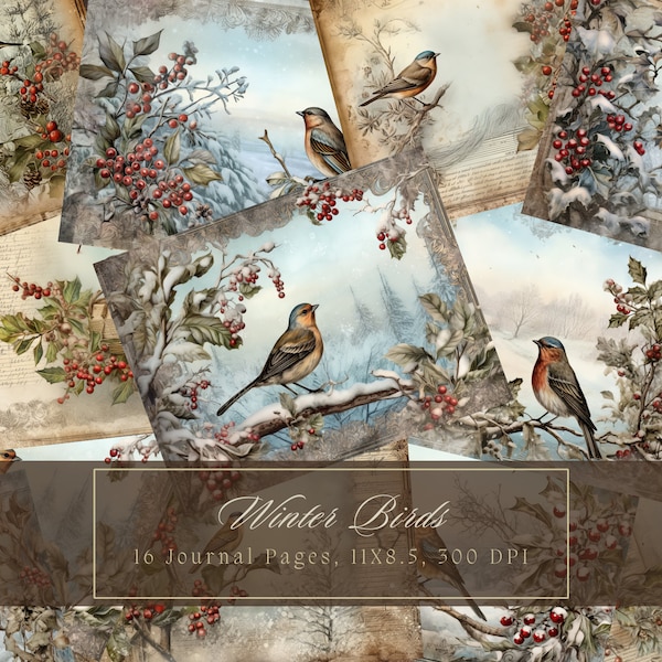 Winter Birds Junk Journal Kit Christmas Vintage Ephemera Journal Digital Paper for Scrapbooking Printable Shabby Pages Grunge Shabby Chic