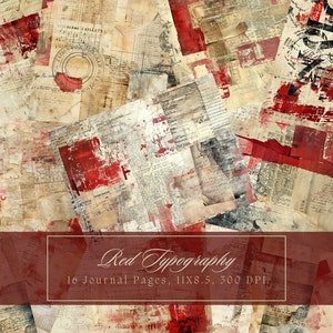 Kit per diario di collage rosso, carta digitale bordeaux, texture grunge, fogli per scrapbooking, vintage, effimeri, pagine shabby, download immediato