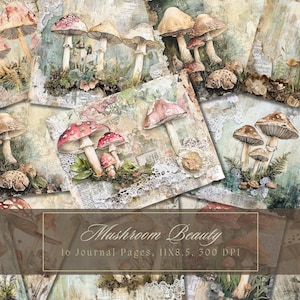 Kit de journal indésirable champignon vintage journal botanique champignon vénéneux, papier numérique, scrapbooking, dentelle, jardin, feuilles, imprimable, minable, page