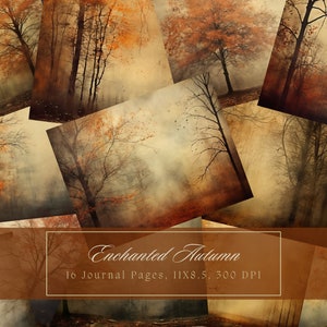 Puede incluir: Diez p&aacute;ginas de diario digitales que presentan un collage de escenas de bosque de oto&ntilde;o con &aacute;rboles y niebla en tonos c&aacute;lidos de marr&oacute;n, naranja y amarillo. El texto "Enchanted Autumn" y "10 Journal Pages, 11x8.5, 300 DPI" est&aacute; incluido en la imagen.
