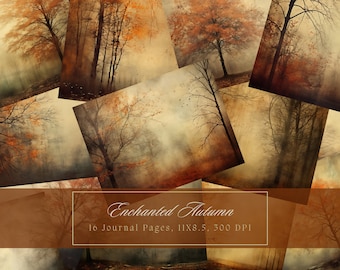 Carta per junk journal a tema foresta autunnale, sfondo con foglie autunnali, pagine shabby chic, kit per junk journal stampabile, alberi, carta digitale per scrapbooking