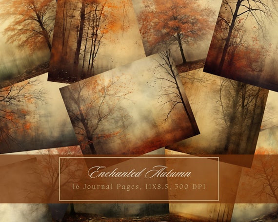 Autumn Forest Junk Journal Paper Fall Leaves Background Journal Shabby Pages Printable Junk Journal Kit Trees Digital Paper for Scrapbooking