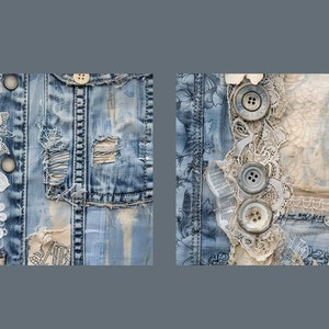 May include: A denim jacket with lace and fabric embellishments. The jacket has distressed areas and buttons.