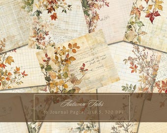 Kit per diario autunnale con foglie secche vintage, diario digitale ispirato all'autunno, foglie per scrapbooking, pagine vuote vintage stampabili in stile shabby chic.