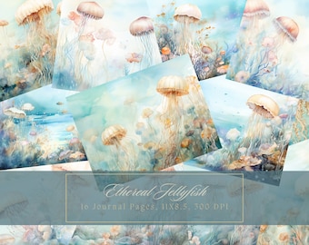 Jellyfish Junk Journal Kit Aquarelle Sealife Journal Pages Ocean Papier numérique pour Scrapbooking Marine Page imprimable Téléchargement instantané