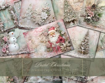 May include: Ten digital journal pages with a pastel Christmas theme. The pages feature a variety of winter scenes, including snowmen, Christmas trees, and Santa Claus. The pages are 11x8.5 inches and 300 DPI.