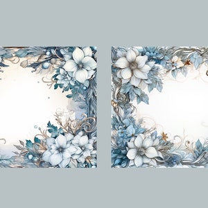 May include: Two watercolor illustrations of floral wreaths with blue and white flowers, leaves, and vines. The wreaths are on a white background and have a blank space in the center.