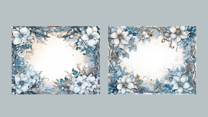 May include: Two watercolor illustrations of floral wreaths with blue and white flowers, leaves, and vines. The wreaths are on a white background and have a blank space in the center.
