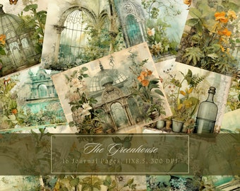 May include: A collage of 10 digital journal pages featuring vintage illustrations of greenhouses and botanical elements. The pages are in a muted green and brown color palette with a text overlay that reads "The Greenhouse 10 Journal Pages, 11X8.5, 500 DPI".