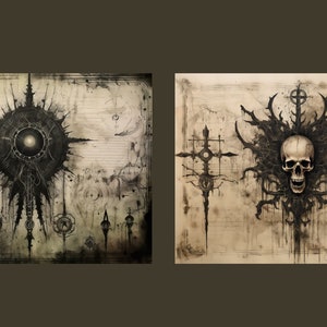 May include: Two black and white illustrations on a parchment background. The first illustration is a circular design with a central eye. The second illustration is a skull with thorns and a cross.